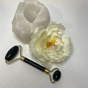 New Obsidian Stone Facial Roller - black marble tone with brassy gold accents